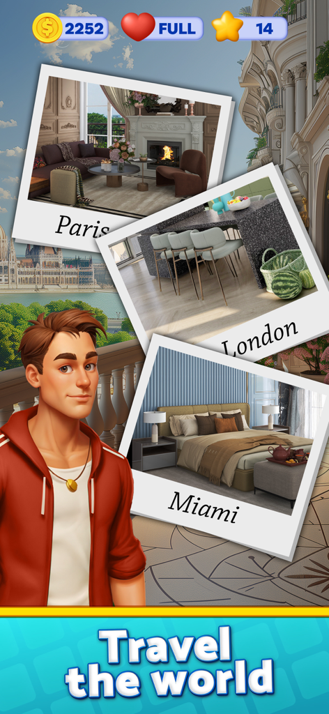 Dream Design:Travel & Decorate - A character standing next to polaroid photos of decorated rooms in Paris London and Miami with the text Travel the world