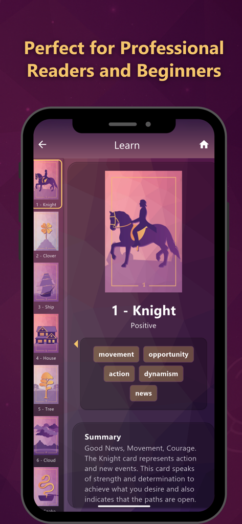 Meu Tarot - Smartphone che mostra il significato della carta del Cavaliere e un riassunto nell'app Meu Tarot
