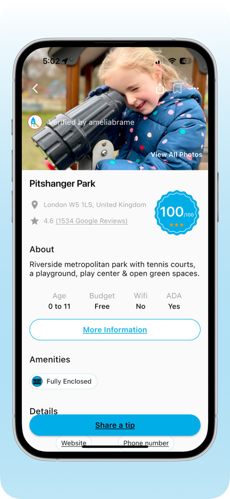 Gowhee app interface displaying kid friendly features for Pitshanger Park including age range and playground amenities.