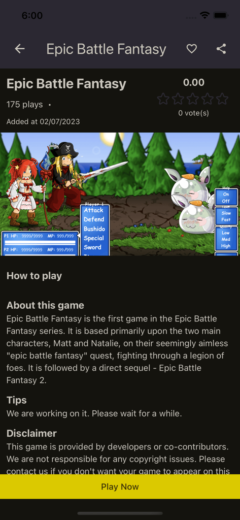 Pagina dei dettagli del gioco Epic Battle Fantasy sull'app Flash Game per Mobile