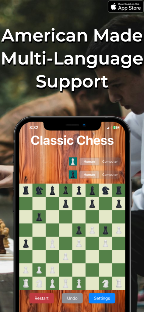 Classic Chess board game app interface on a mobile screen showing multi language support
