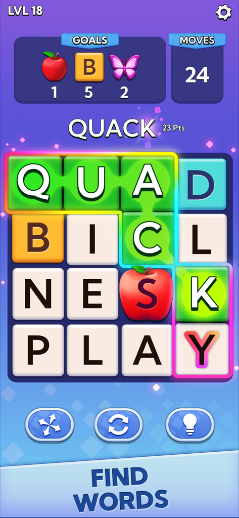 Word Blast - Connect & Solve - A screenshot of Word Blast showing a letter grid puzzle with the word quack selected