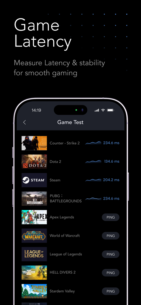 Internet Speed Test Master App - Mobile app interface showing latency and ping test results for various popular online games.