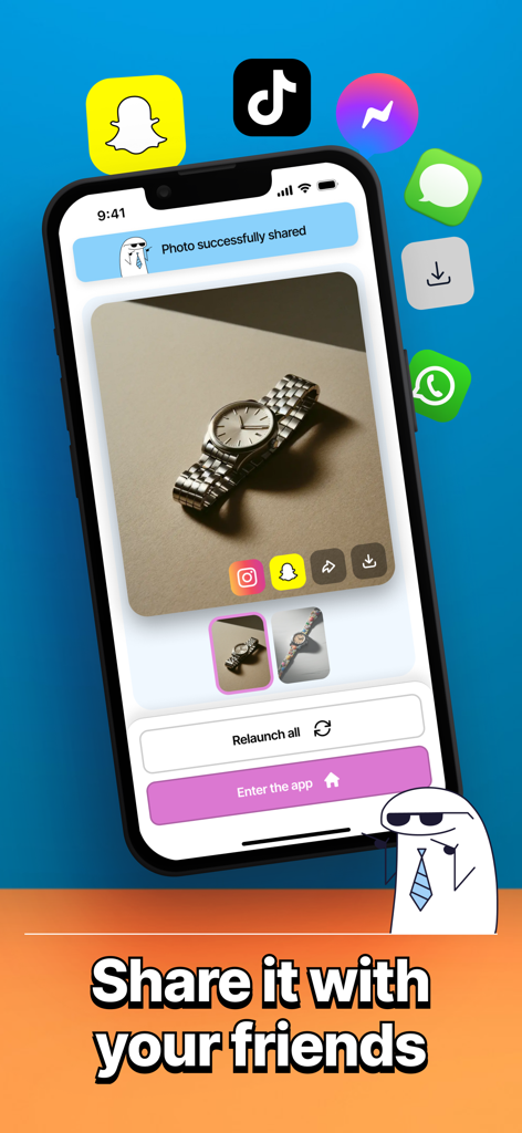 Una interfaz de smartphone que muestra una foto de broma compartida con éxito con iconos de redes sociales como TikTok y Snapchat.