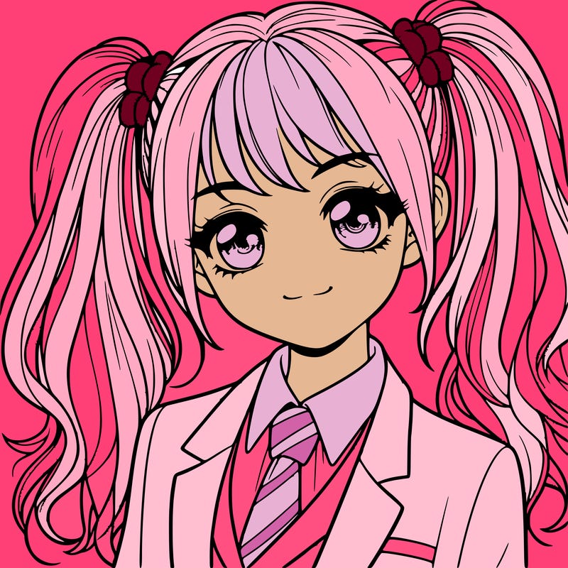 realistic girl with two ponytails and a suit on