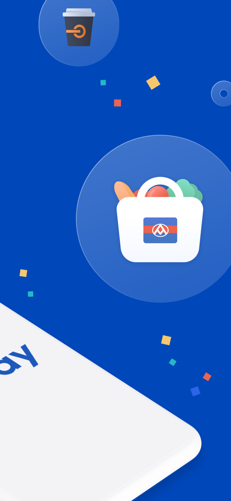 Icone grafiche che rappresentano i servizi di acquisto di generi alimentari e pagamento mobile all'interno dell'app PX Mart