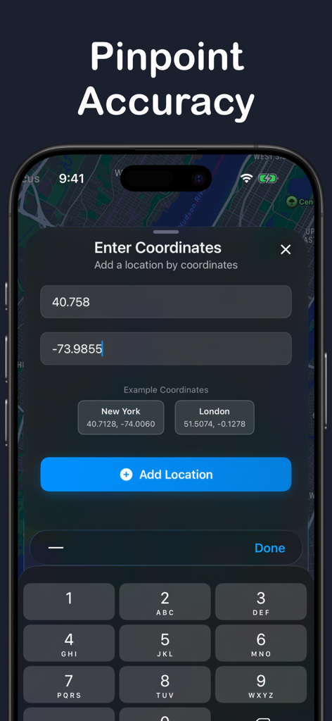 Entering GPS coordinates in the Radius app for pinpoint map location accuracy.