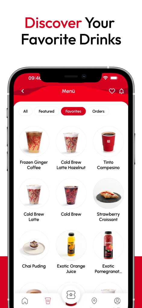 Juan Valdez Türkiye - Una pantalla móvil que muestra el menú de favoritos de la aplicación Juan Valdez con varias bebidas de café, jugos y bocadillos