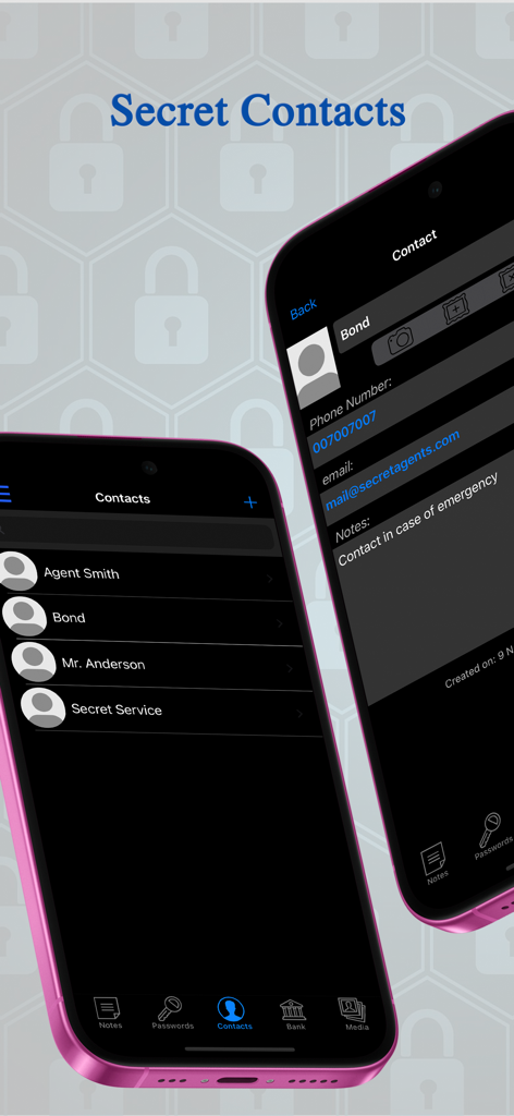 Hidden Photo Vault-Hide App LS - Lista de contactos secretos y vista de detalles de contacto en la aplicación móvil Hidden Photo Vault