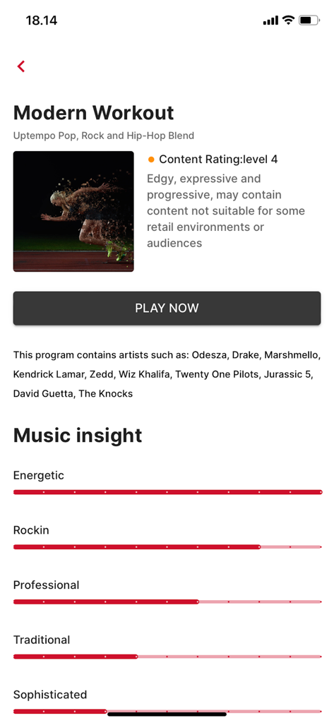 Mood Harmony - Mood Harmony app screen displaying music insight metrics and playlist details for a Modern Workout station.