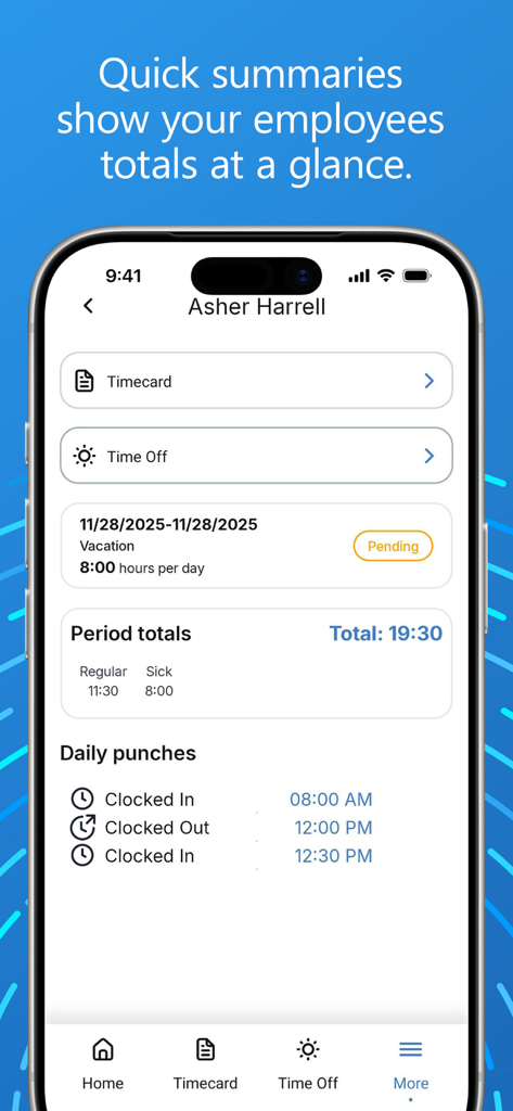 PayClock app interface showing employee timecard summary and daily clock in and out times
