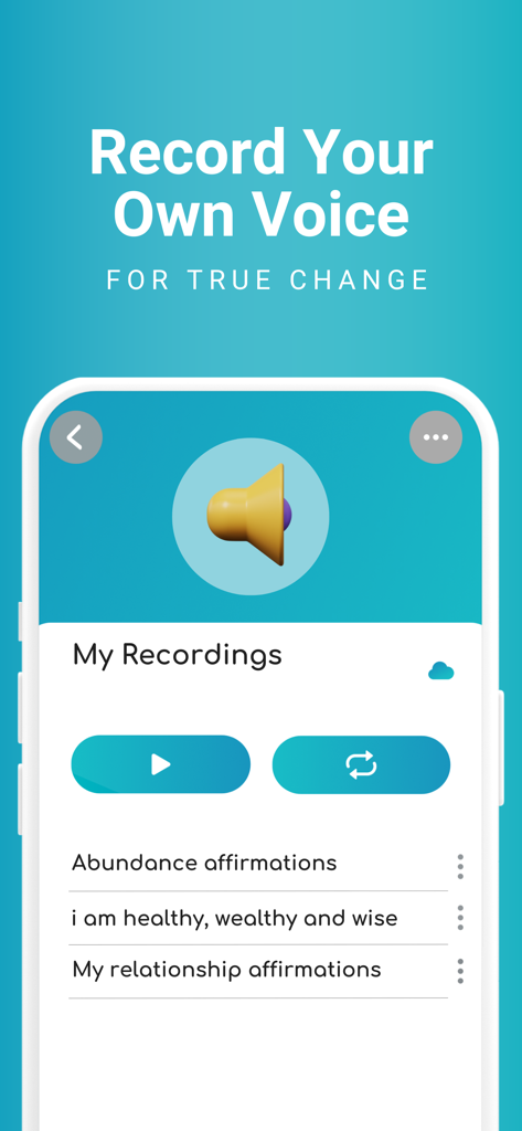 Selfpause: Your AI Life Coach - Selfpause Mobile App-Oberfläche, die die Funktion zum Aufnehmen personalisierter Affirmationen in deiner eigenen Stimme zeigt