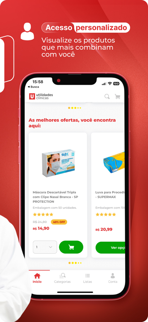 Mobile app interface displaying healthcare products like disposable masks and gloves with promotional prices