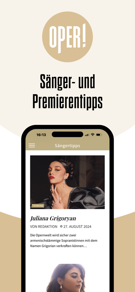 Screenshot of the OPER app interface displaying singer and premiere tips with an article featuring soprano Juliana Grigoryan