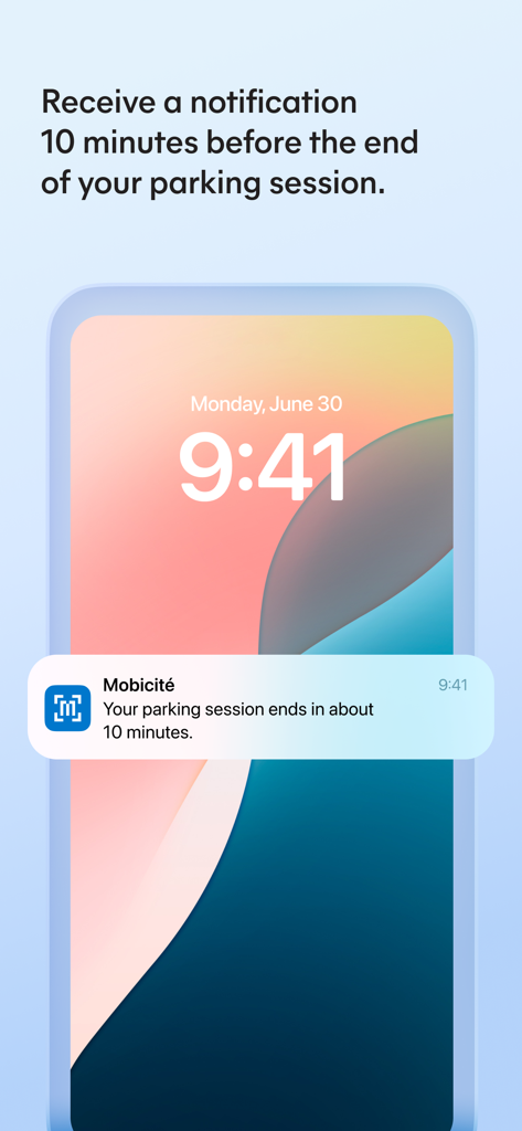 Mobicité - A smartphone lock screen displaying a push notification from the Mobicite app alerting that a parking session expires in ten minutes.