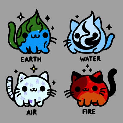 4 cats that represent the different elements, earth, water, air, and fire