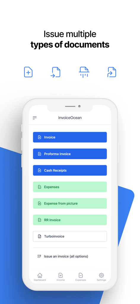 Interface de l'application mobile InvoiceOcean montrant diverses options de documents tels que factures, dépenses et reçus de caisse.