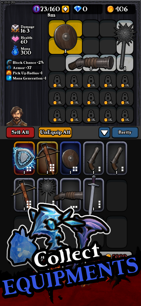 Darkest Hero! - Darkest Hero mobile game screenshot showing Tetris style inventory management with various weapons and shields