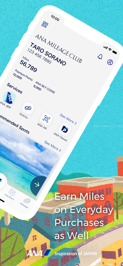 Panel de la aplicación ANA Mileage Club que muestra las millas del miembro y la promoción de recompensas diarias