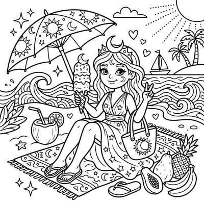 Join the delightful Moon Goddess on her sunny summer vacation as she enjoys a day at the beach with ice cream and tropical treats. This charming coloring page is perfect for kids to bring to life with their favorite colors, celebrating warmth and imagination.