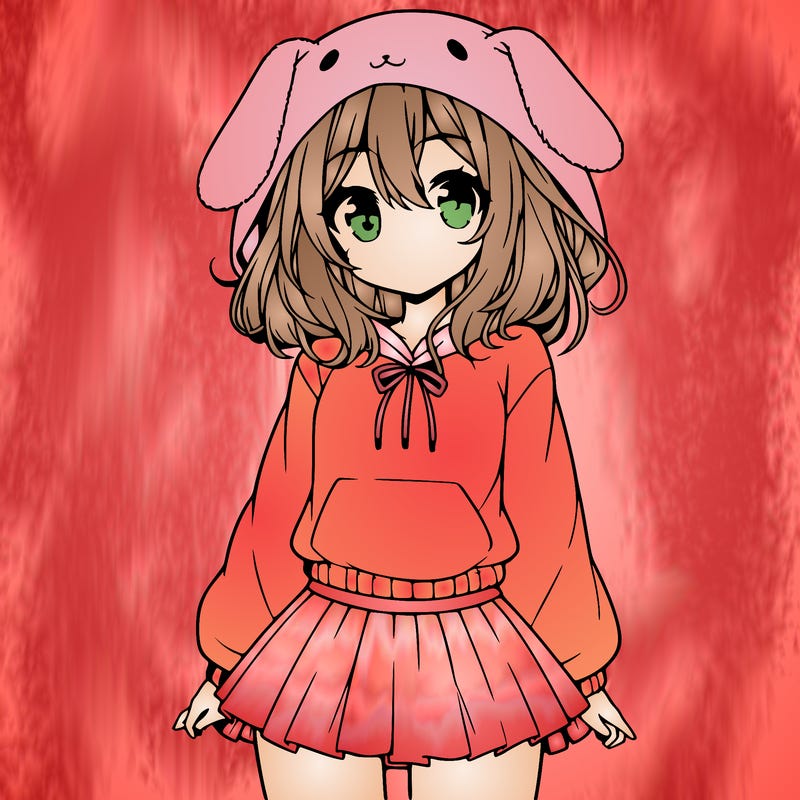 pretty anime girl wearing a fluffy hoodie with bunny ears on the hood and a skirt