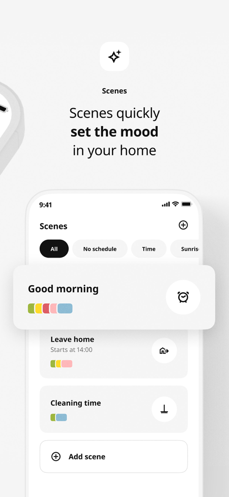 IKEA Home smart - おはよう、外出などのホームオートメーションシーンが表示されたIKEA Home smartアプリのインターフェイス