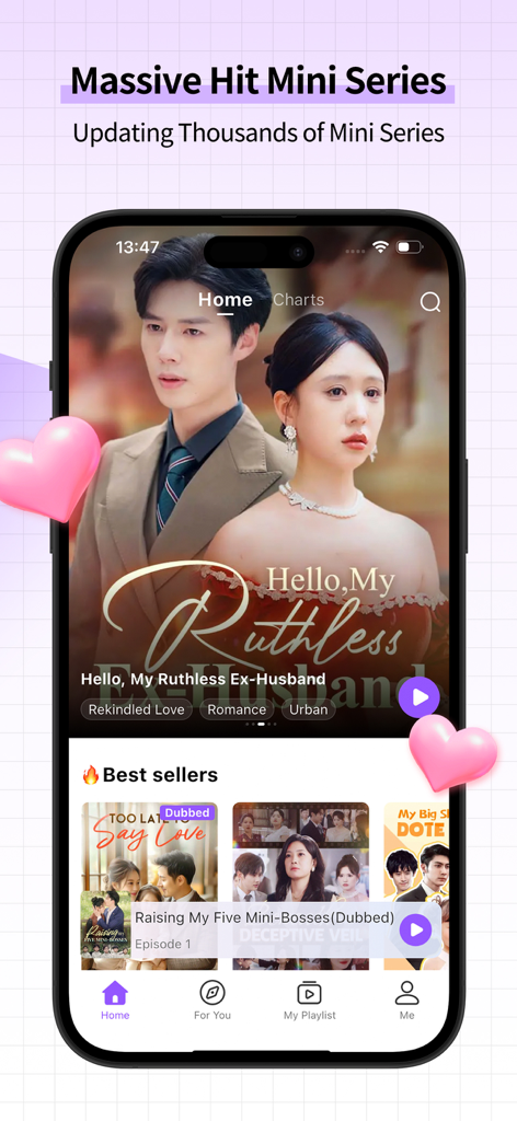 Schermata home dell'app mobile BestReels che mostra popolari serie di drammi brevi romantici e bestseller