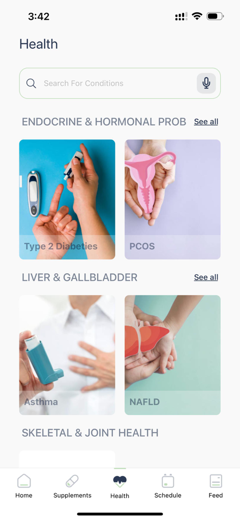 SupplementMD app interface for searching health conditions categorized by endocrine liver and skeletal health