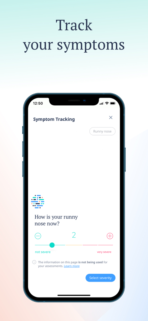 Ada – check your health - iPhone screen showing the Ada app symptom tracking feature with a severity scale for a runny nose