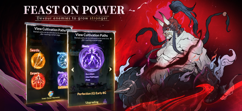 Overmortal RPG screenshot showing cultivation paths selection and a powerful demon character