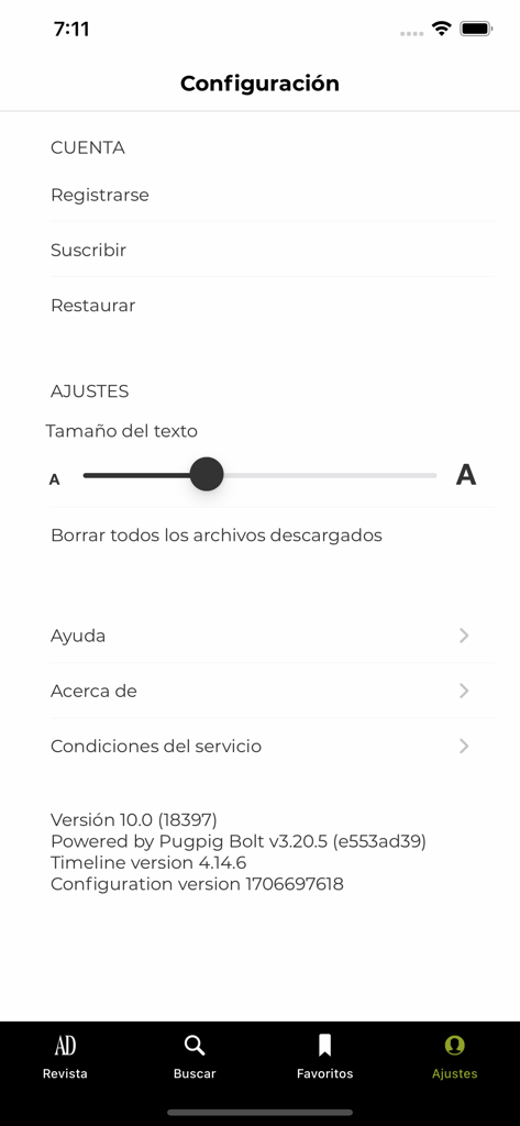 AD España - AD Espana app settings screen showing account options and text size configuration