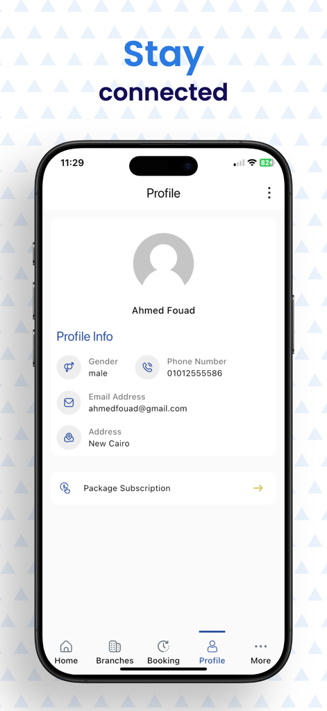 Physio Cure - Pantalla de perfil de usuario de la aplicación móvil Physio Cure mostrando detalles de la cuenta personal e información de suscripción a paquetes