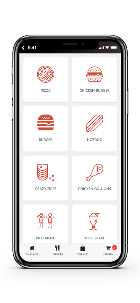 Hungry House - Hungry House mobile app menu interface showing various food categories like pizza, burgers, and sides with red line icons.