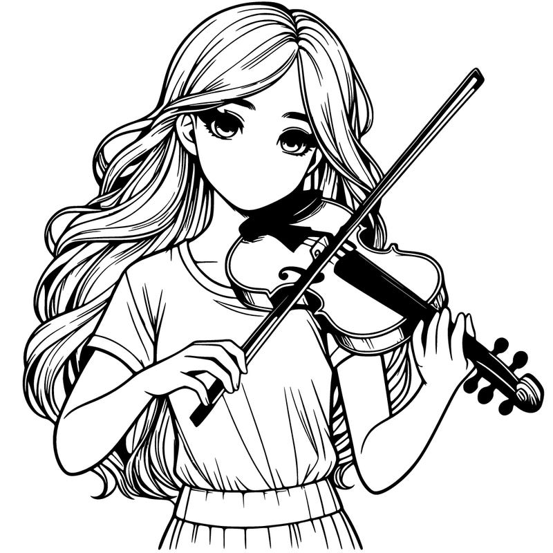 realistic teenage girl wearing a t-shirt, long hair, playing the violin