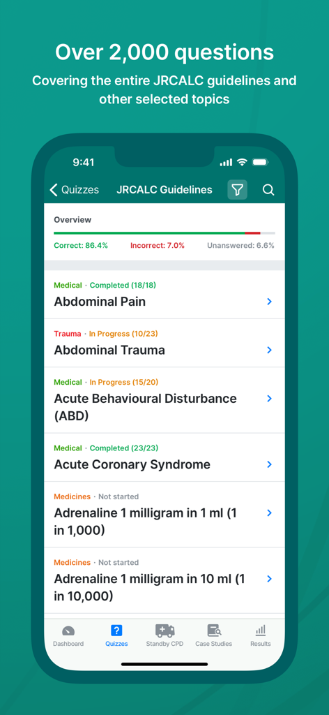 ParaPass mobile app screen displaying medical and trauma quiz topics for paramedics based on JRCALC guidelines