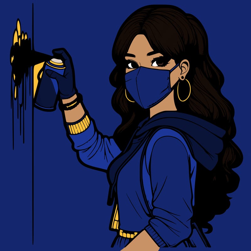 realistic girl with mask spray painting a wall