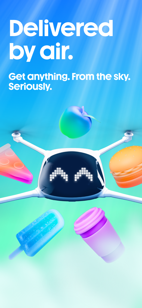 A friendly white drone from Manna Air Delivery surrounded by floating food items against a blue sky