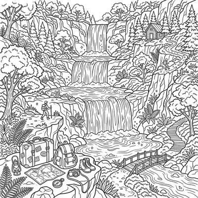 Dive into an epic vacation adventure with this captivating tiered waterfalls coloring page. Explore a majestic landscape filled with winding trails, cozy cabins, and essential travel gear, ready for your creative touch.