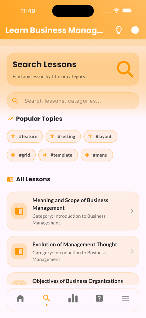 Learn Business Management - Interface of the Learn Business Management app showing a search bar and a list of business lessons