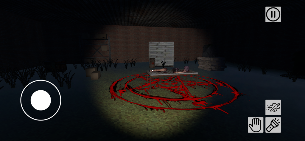 Haunted House: Escape Room - Une pièce sombre au sous-sol avec un cercle rituel de pentagramme ensanglanté et des contrôles d'interface de jeu.