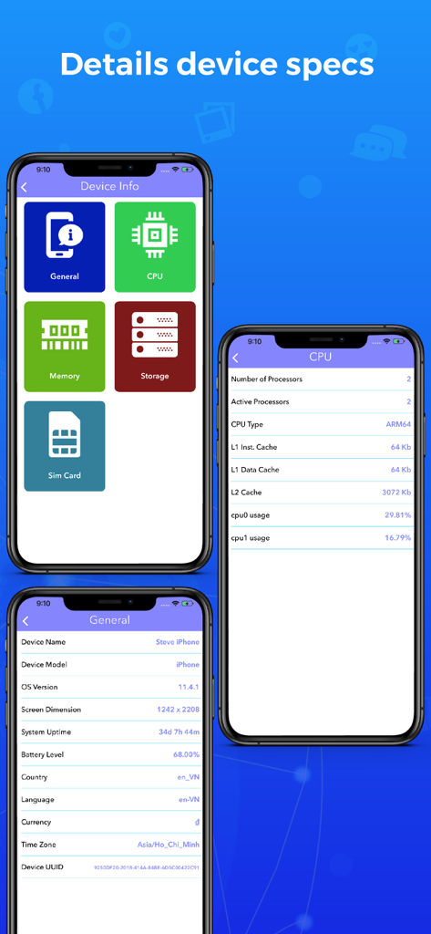 Screenshots showing device hardware specifications including CPU and general system info