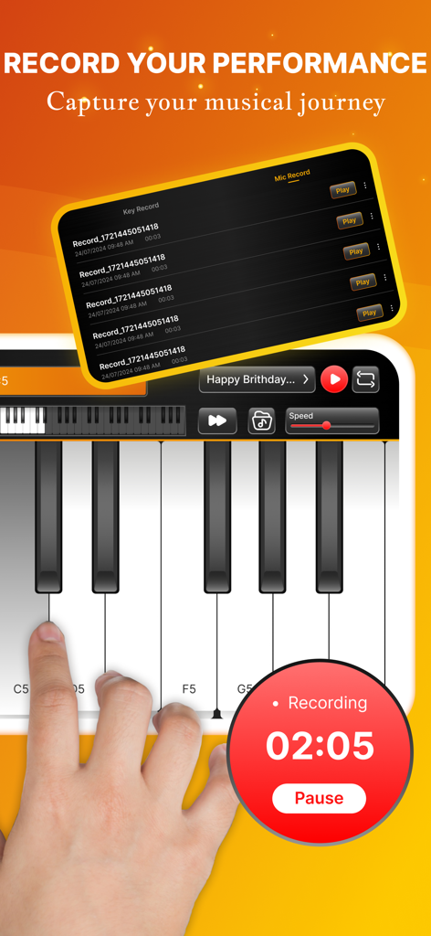 A hand playing a virtual piano keyboard in the app with a recording timer and list of saved performances displayed on screen.