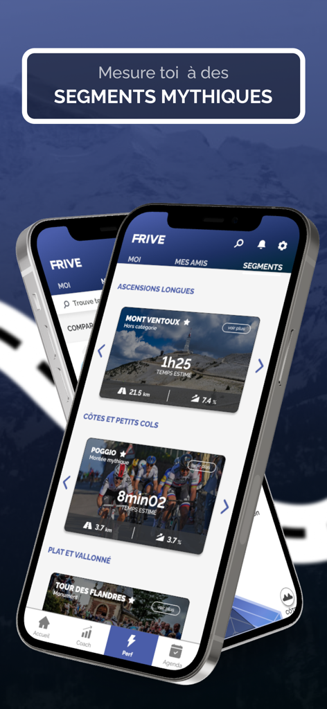 Frive cycling app screen showing legendary race segments and performance tracking data