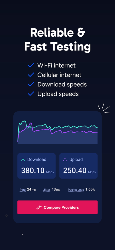 App screen displaying download and upload speed test results with a provider comparison feature