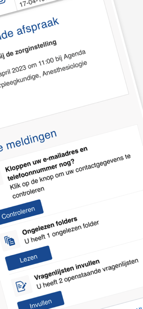 HiX Patiënt - Interface of the HiX Patient app showing healthcare appointments and notifications in Dutch.