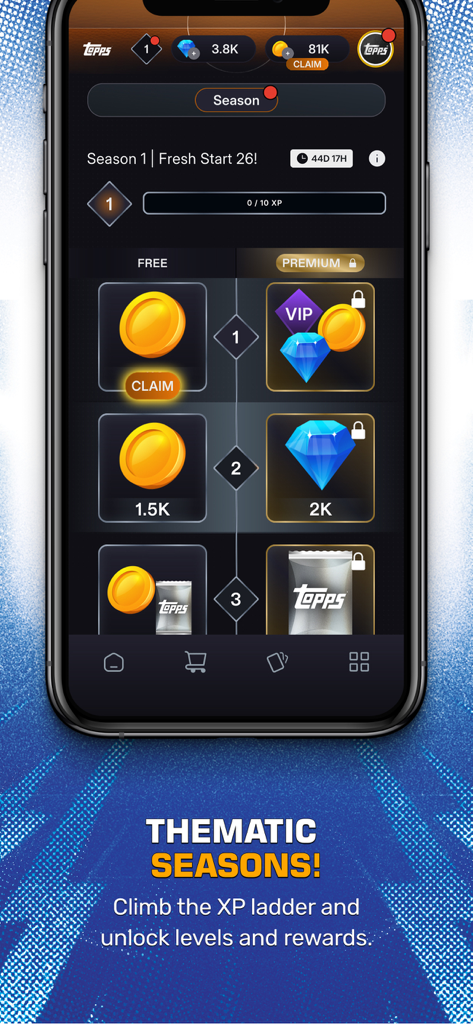 NBA Collect by Topps® - XPラダーと報酬ティアを示す、NBA Collect by Toppsアプリのテーマ別シーズン画面。