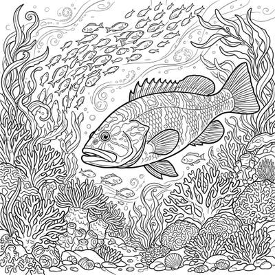 Discover the vibrant depths of the ocean with this intricately designed Grouper and Sea Bass coloring page, perfect for teens seeking a detailed challenge. Immerse yourself in a captivating underwater scene filled with diverse marine life and lush coral reefs, ready for your artistic touch.