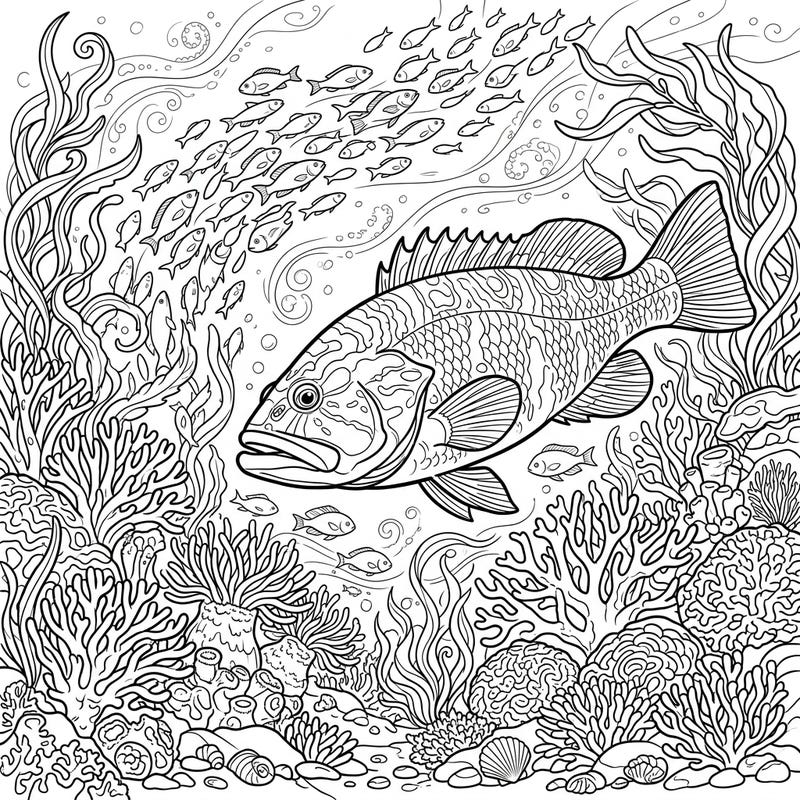 Discover the vibrant depths of the ocean with this intricately designed Grouper and Sea Bass coloring page, perfect for teens seeking a detailed challenge. Immerse yourself in a captivating underwater scene filled with diverse marine life and lush coral reefs, ready for your artistic touch.
