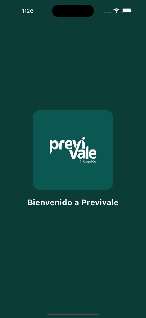 Previvale - 브랜드 로고와 스페인어 환영 메시지가 표시된 Previvale 앱 스플래시 화면