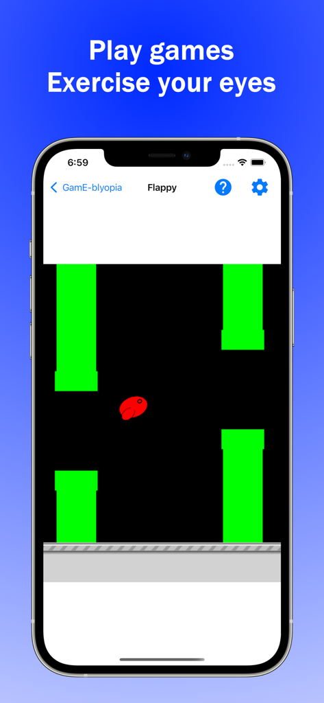 GamE-blyopia - Amblyopia Games - GamE-blyopia app interface showing the Flappy mini game designed for vision therapy and eye exercises